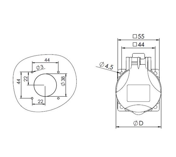 Presa da incasso 16A 2P+T 6H 230V dritta 55X55 mm nera IP44  ROSI 1001302SN