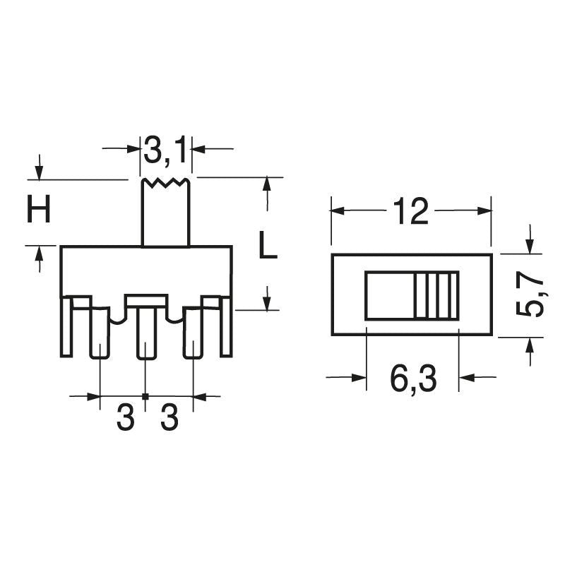 Deviatore miniatura 1 scambio 2 posizioni 0,3A 30VCC leva da 6 mm per circuiti stampati