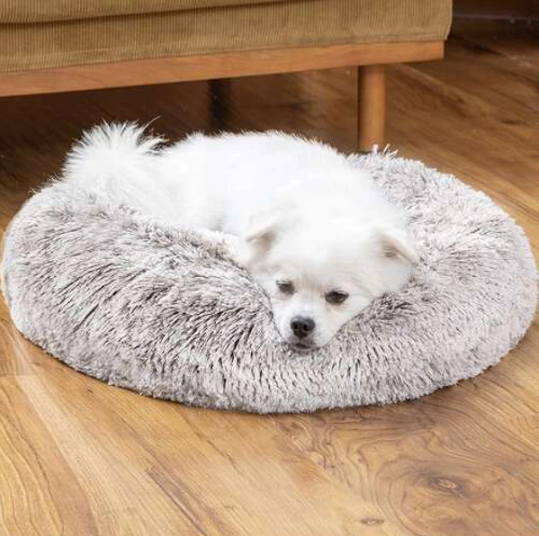 Lettino per cani imbottito rotondo peloso grigio diametro 60 cm