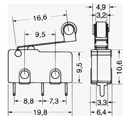 Microdeviatore fine corsa con leva e rotella 5A-250V per circuiti stampati