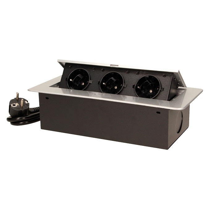 Presa tripla schuko da incasso da tavolo nero argento 2500W e cavo da 1,5 metri